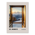 St. Moritz - Luxury in the Engadin Valley - Poster with alpine view through a train window in Switzerland.