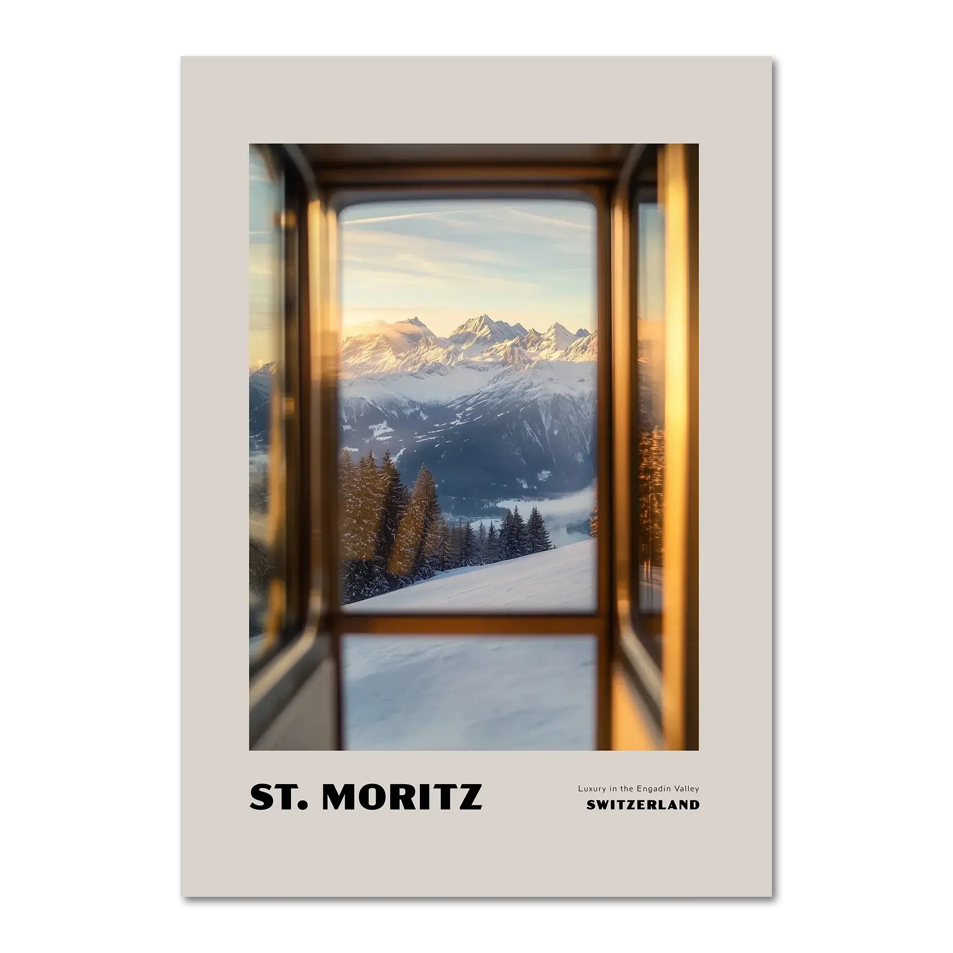 St. Moritz - Luxury in the Engadin Valley - Poster with alpine view through a train window in Switzerland.