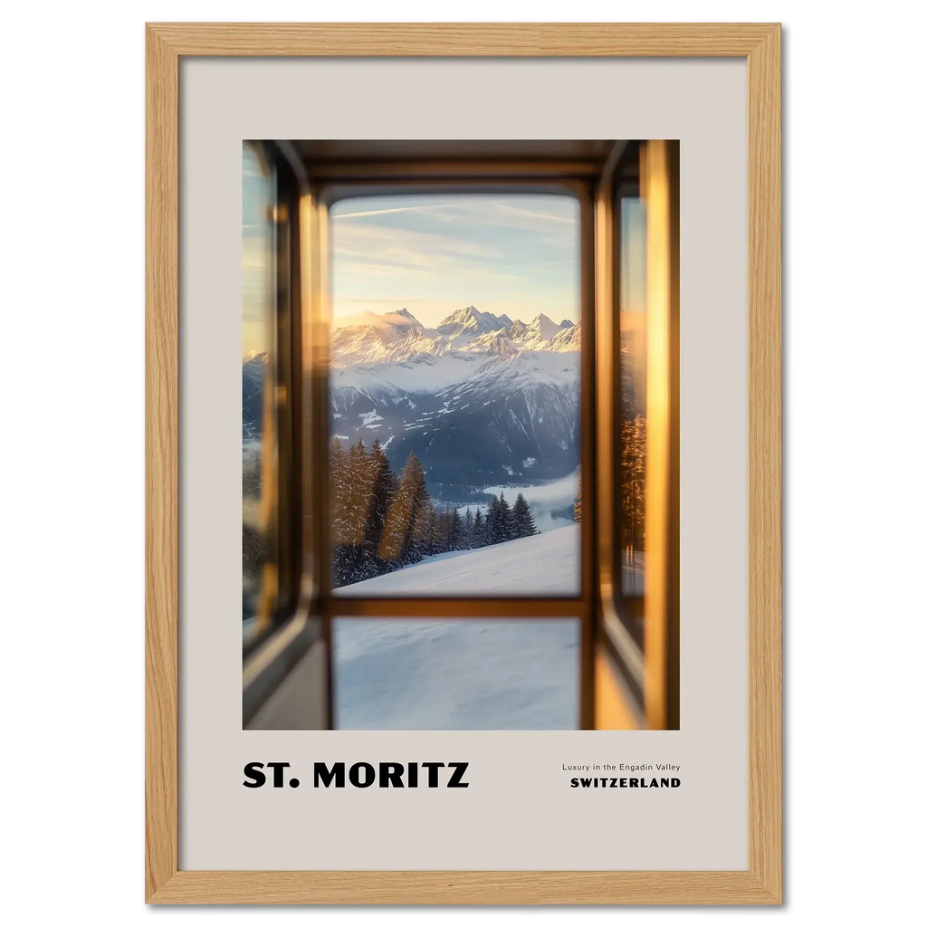 St. Moritz - Luxury in the Engadin Valley - Poster featuring serene alpine view through train window.