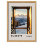 St. Moritz - Luxury in the Engadin Valley - Poster featuring serene alpine view through train window.