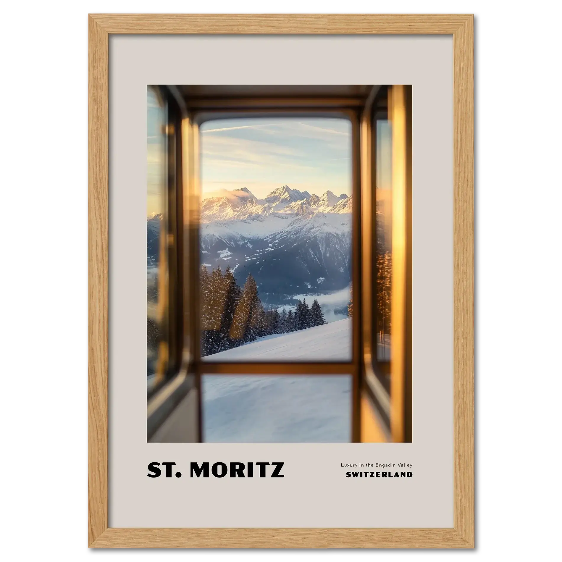 St. Moritz - Luxury in the Engadin Valley - Poster featuring serene alpine view through train window.