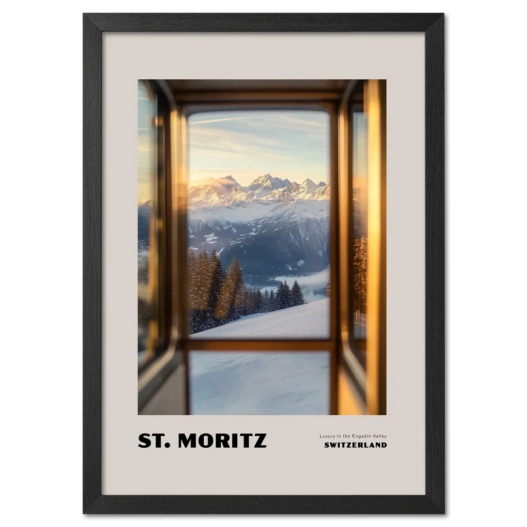 St. Moritz - Luxury in the Engadin Valley - Poster showing serene alpine view through a train window.
