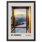 St. Moritz - Luxury in the Engadin Valley - Poster showing serene alpine view through a train window.