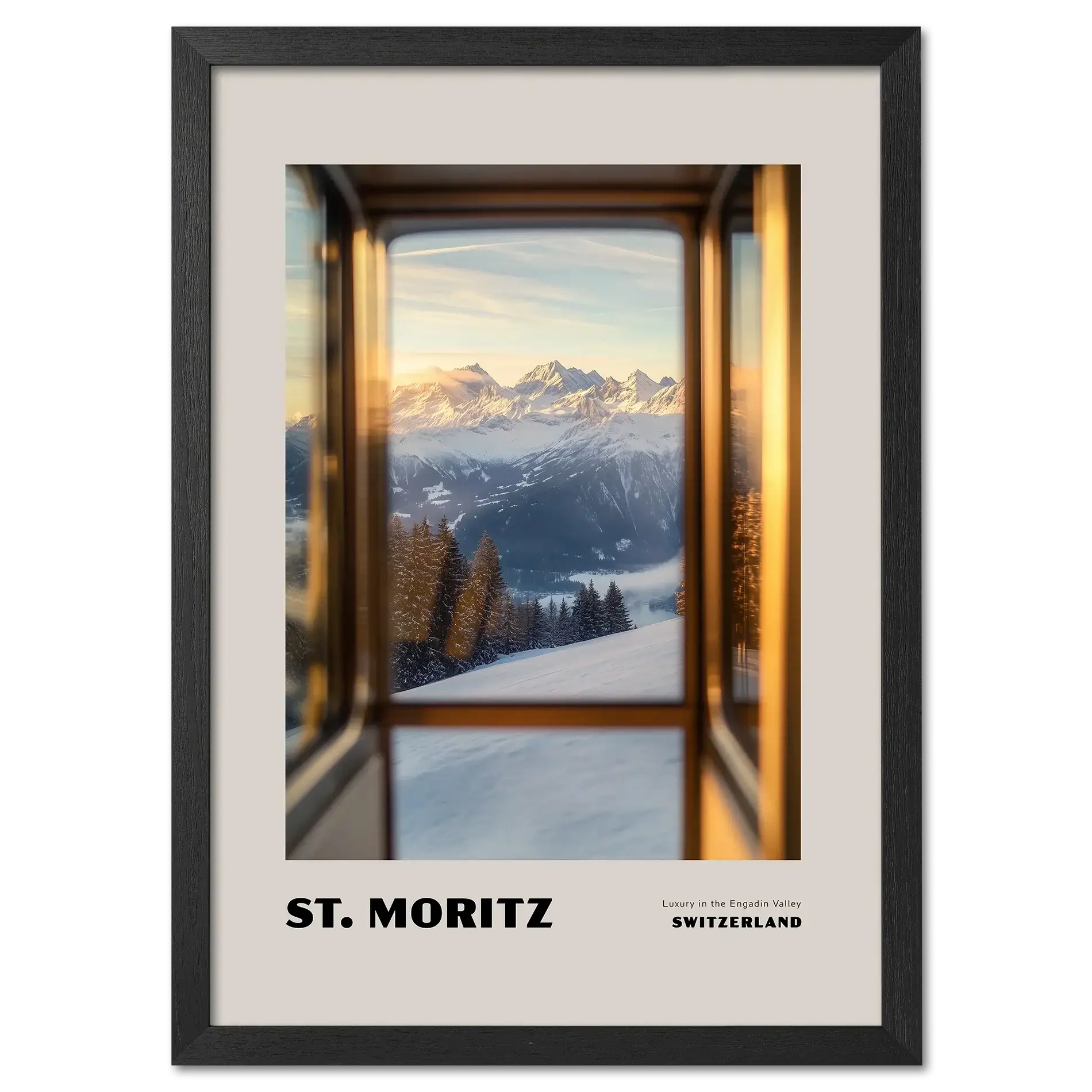 St. Moritz - Luxury in the Engadin Valley - Poster showing serene alpine view through a train window.