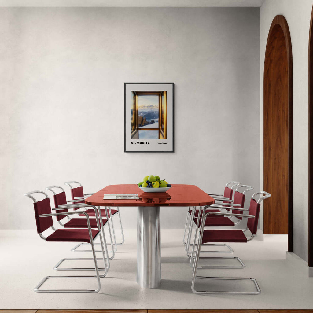 St. Moritz - Luxury in the Engadin Valley - Poster displayed in a modern dining room with sleek furniture.