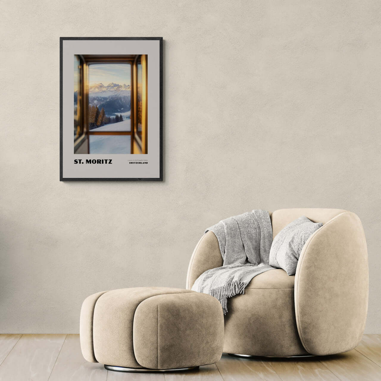 St. Moritz - Luxury in the Engadin Valley - Poster displayed in a modern living room with cozy furniture.