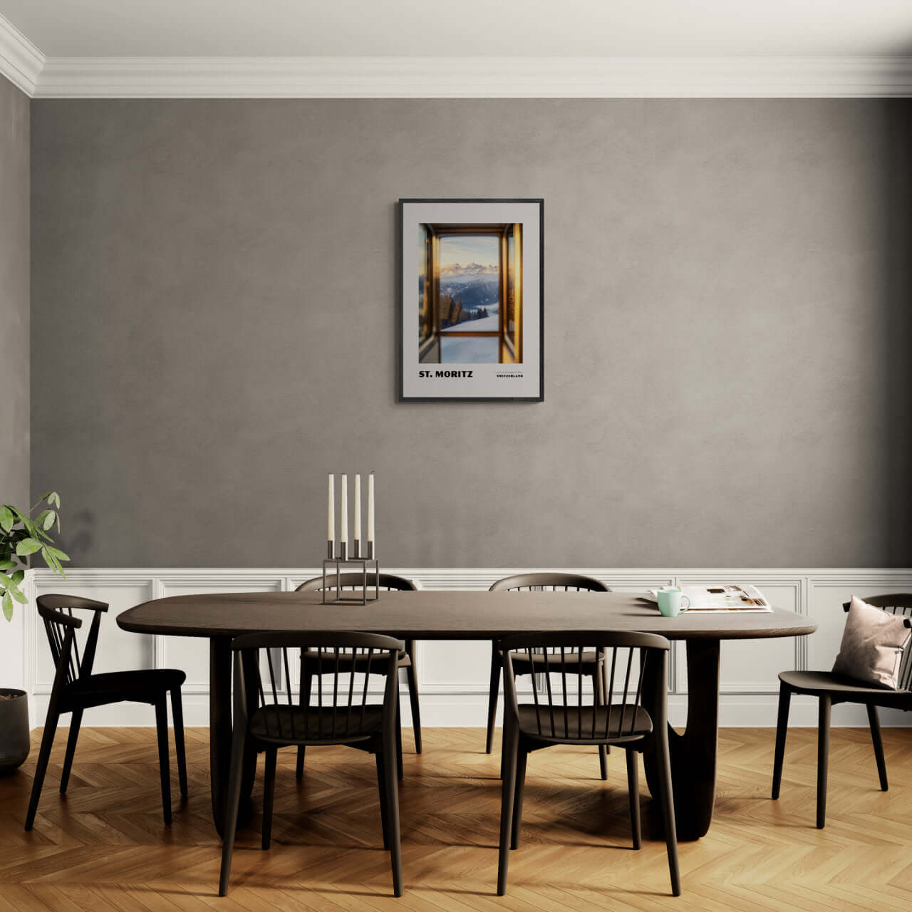 St. Moritz - Luxury in the Engadin Valley - Poster displayed in a modern dining room with stylish furniture.
