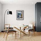St. Moritz - The Birthplace of Winter Tourism - Poster displayed in a modern dining area with stylish furniture and decor.