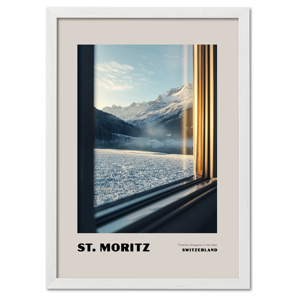 St. Moritz - Timeless Elegance in the Alps - Poster showing a snowy mountain landscape through a train window.