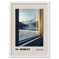 St. Moritz - Timeless Elegance in the Alps - Poster showing a snowy mountain landscape through a train window.
