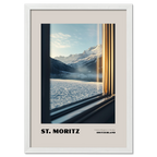 St. Moritz - Timeless Elegance in the Alps - Poster showing a snowy mountain landscape through a train window.