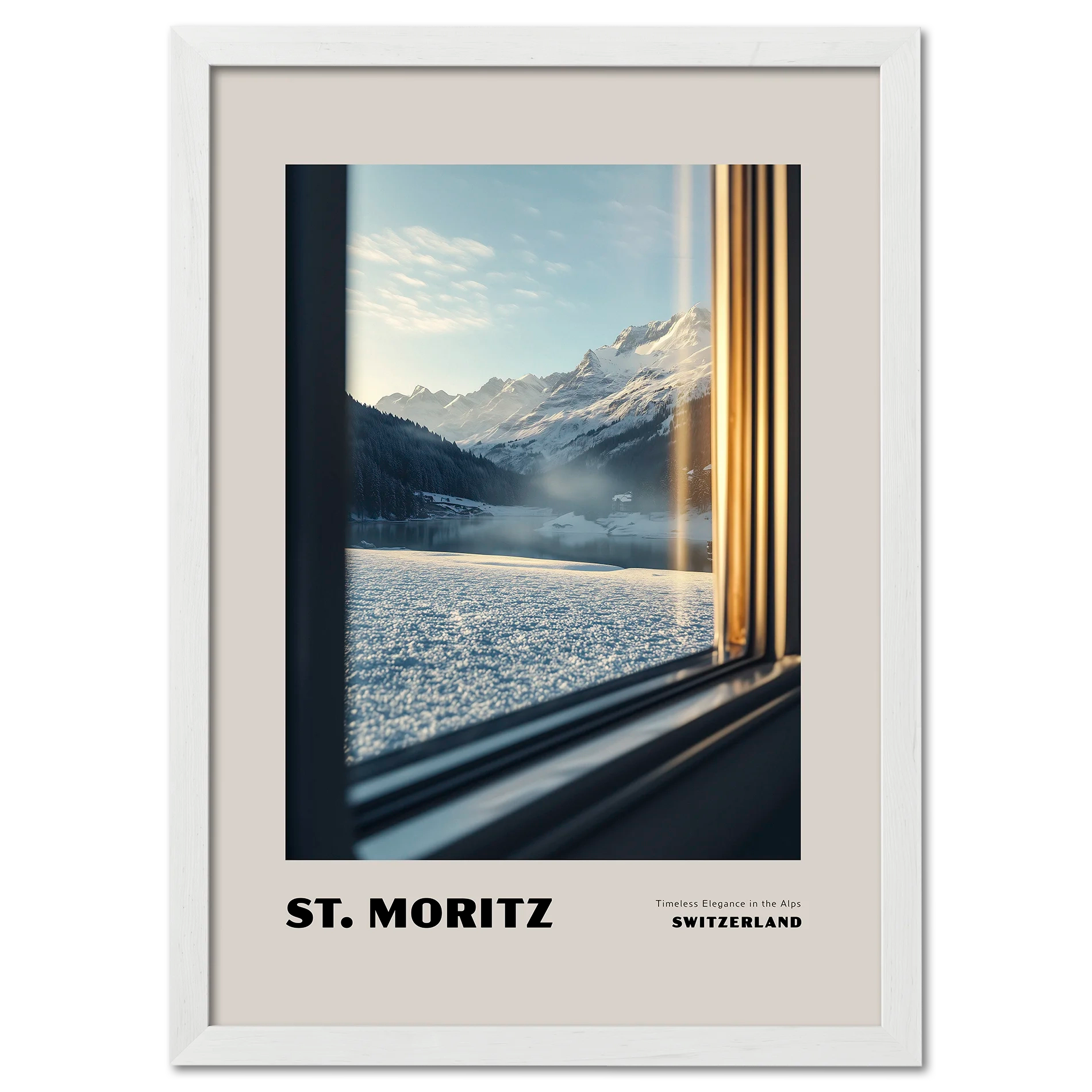 St. Moritz - Timeless Elegance in the Alps - Poster showing a snowy mountain landscape through a train window.