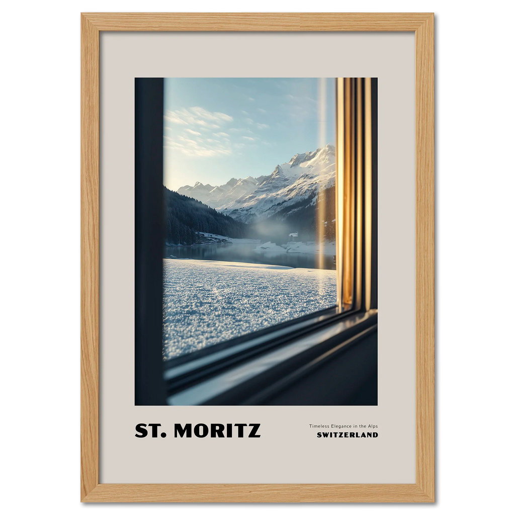 St. Moritz - Timeless Elegance in the Alps - Poster showcasing a mountain view through a train window.
