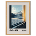 St. Moritz - Timeless Elegance in the Alps - Poster showcasing a mountain view through a train window.