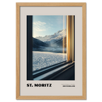 St. Moritz - Timeless Elegance in the Alps - Poster showcasing a mountain view through a train window.
