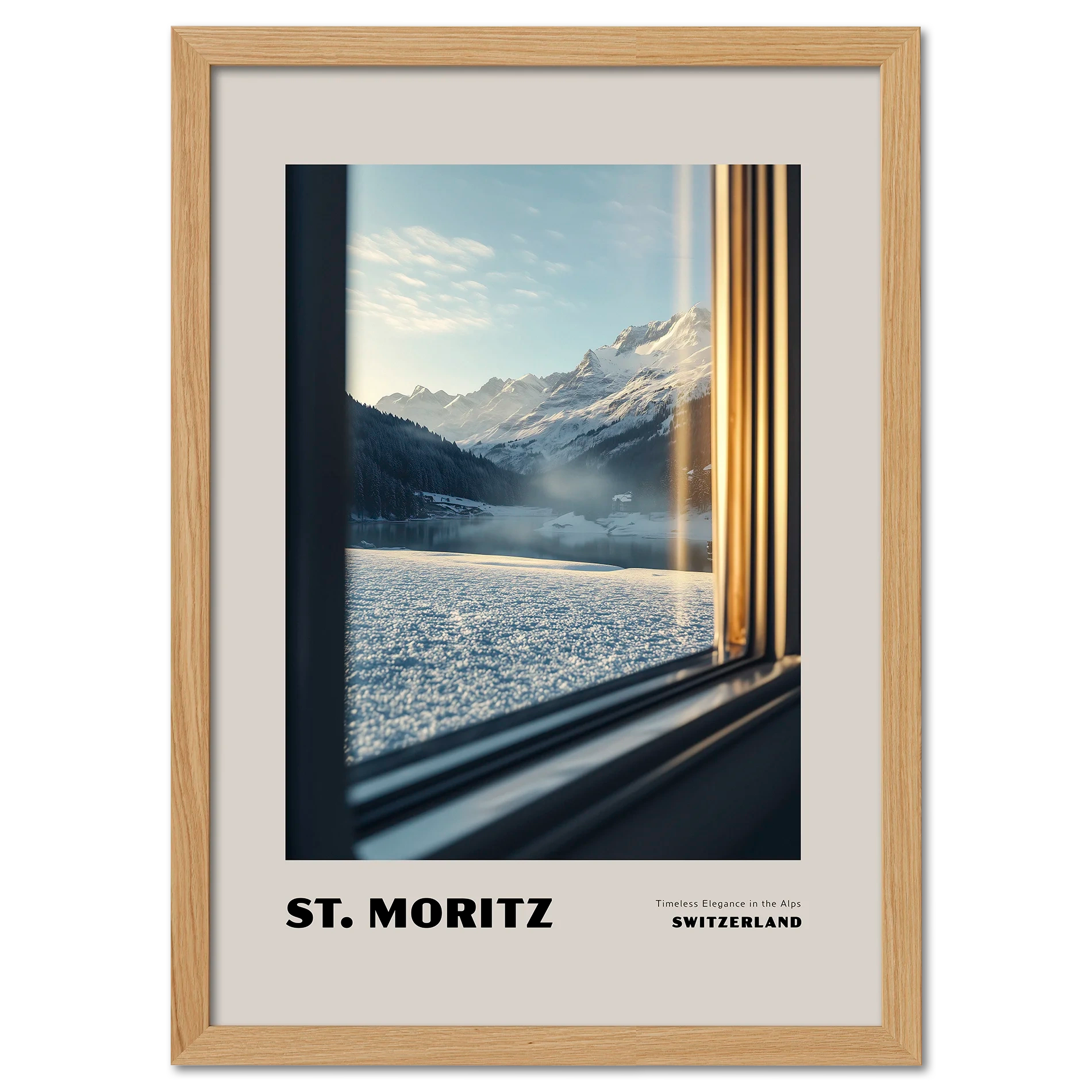 St. Moritz - Timeless Elegance in the Alps - Poster showcasing a mountain view through a train window.