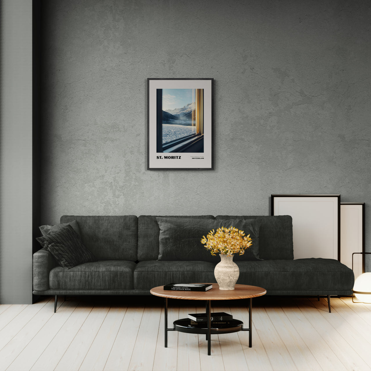 St. Moritz - Timeless Elegance in the Alps - Poster displayed in a modern living room setting with a cozy sofa.