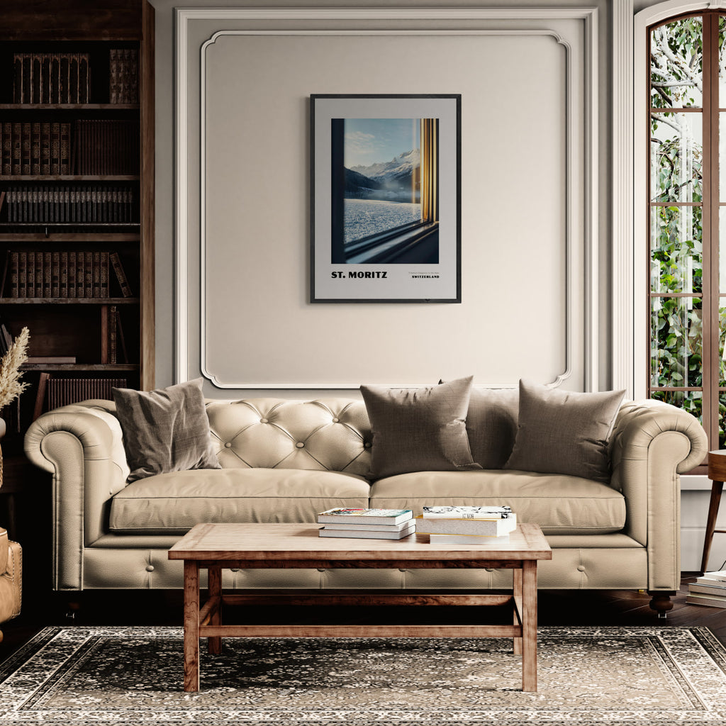 St. Moritz - Timeless Elegance in the Alps - Poster framed in a modern living room with a cozy sofa.