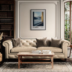 St. Moritz - Timeless Elegance in the Alps - Poster framed in a modern living room with a cozy sofa.