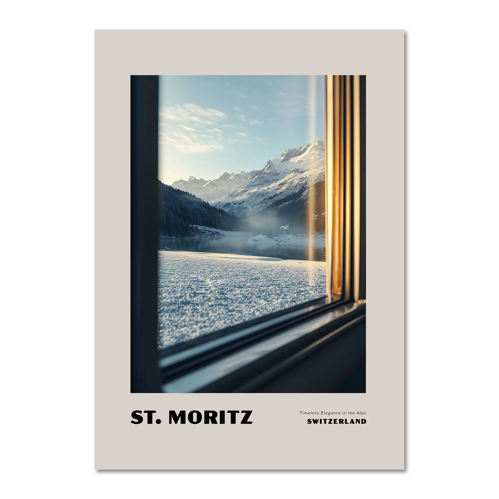 St. Moritz - Timeless Elegance in the Alps - Poster showing a peaceful alpine landscape through a train window.