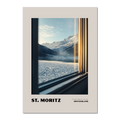 St. Moritz - Timeless Elegance in the Alps - Poster showing a peaceful alpine landscape through a train window.