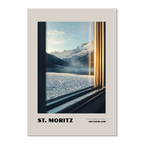 St. Moritz - Timeless Elegance in the Alps - Poster showing a peaceful alpine landscape through a train window.