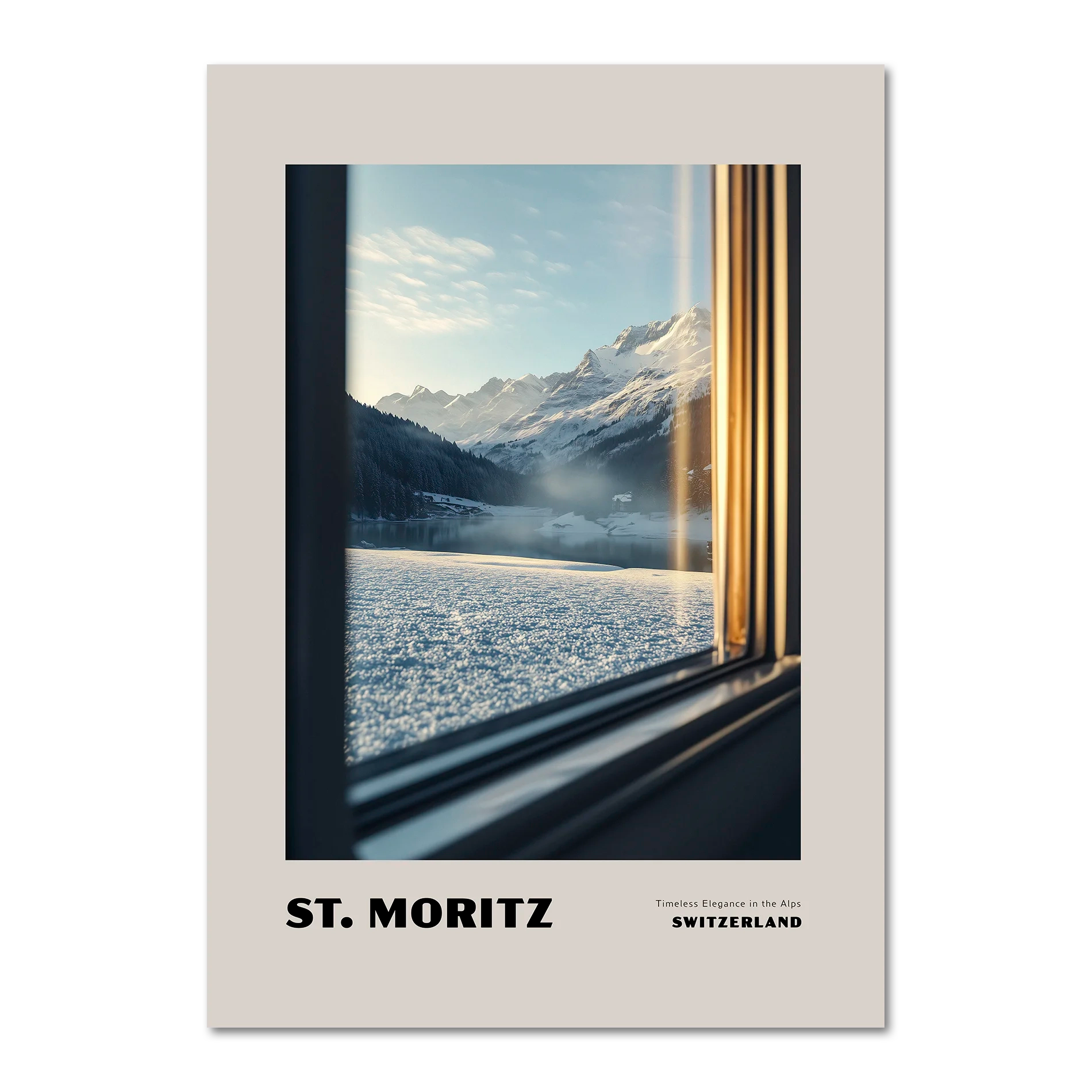 St. Moritz - Timeless Elegance in the Alps - Poster showing a peaceful alpine landscape through a train window.