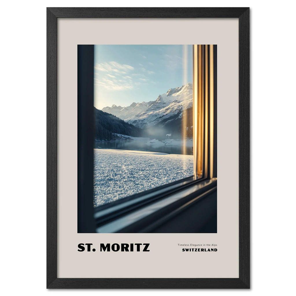 St. Moritz - Timeless Elegance in the Alps - Poster showcasing an alpine landscape through a train window.