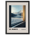 St. Moritz - Timeless Elegance in the Alps - Poster showcasing an alpine landscape through a train window.
