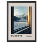 St. Moritz - Timeless Elegance in the Alps - Poster showcasing an alpine landscape through a train window.