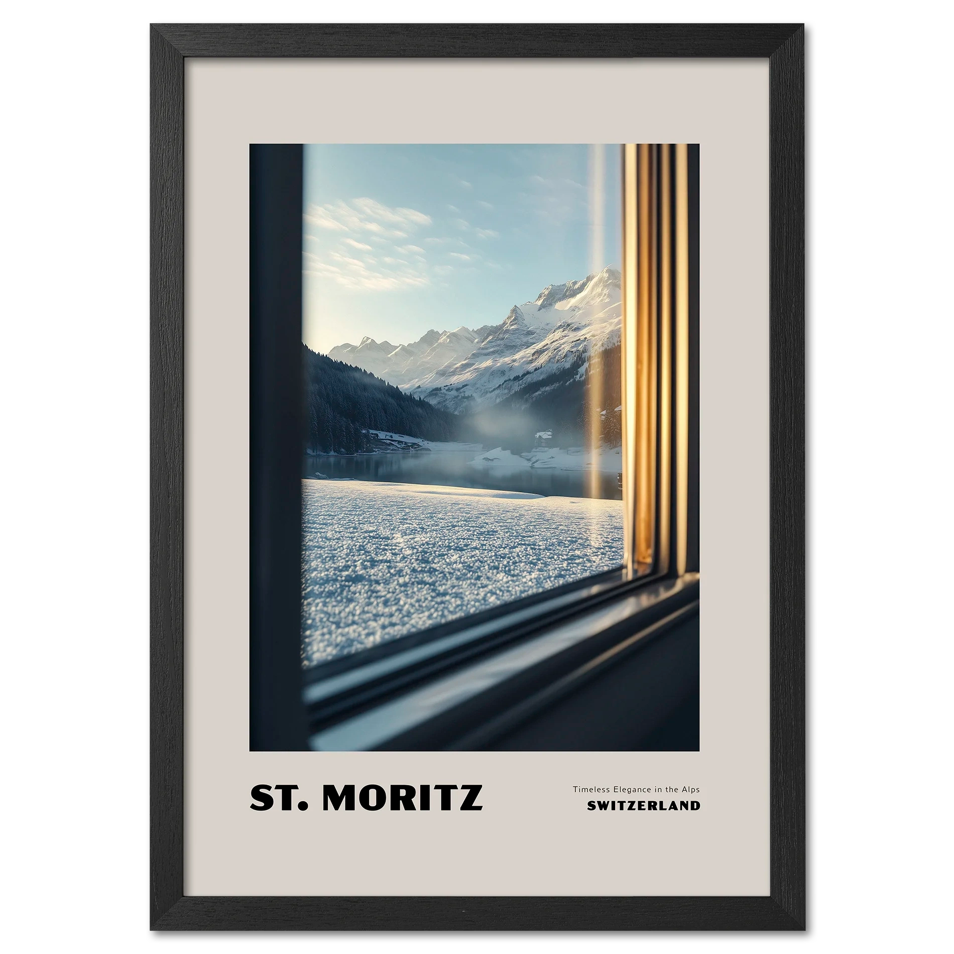 St. Moritz - Timeless Elegance in the Alps - Poster showcasing an alpine landscape through a train window.