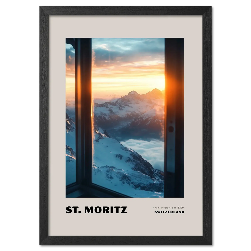 St. Moritz - A Winter Paradise at 1822 - Poster showing snowy peaks at sunrise through a window.