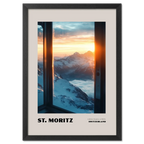 St. Moritz - A Winter Paradise at 1822 - Poster showing snowy peaks at sunrise through a window.