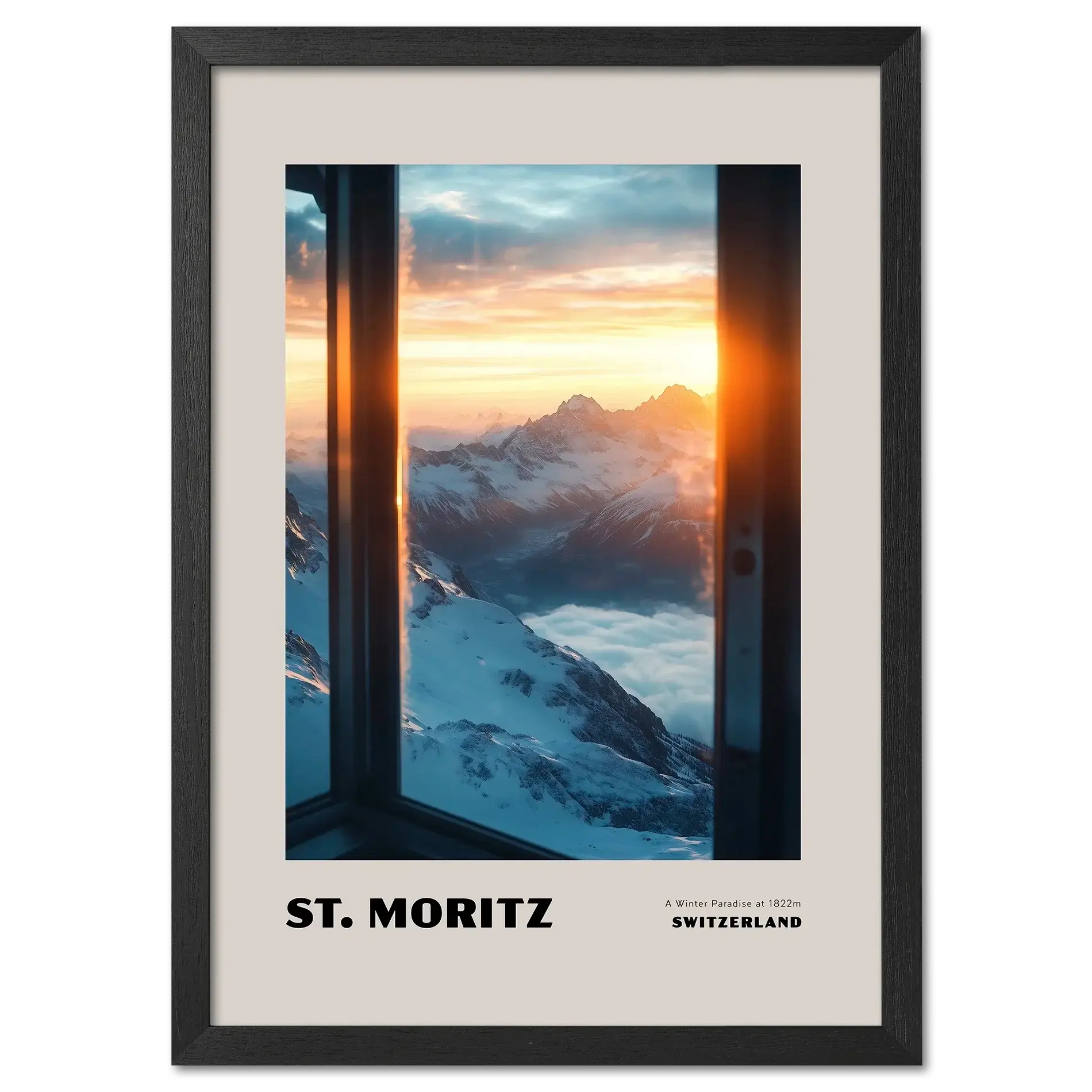 St. Moritz - A Winter Paradise at 1822 - Poster showing snowy peaks at sunrise through a window.