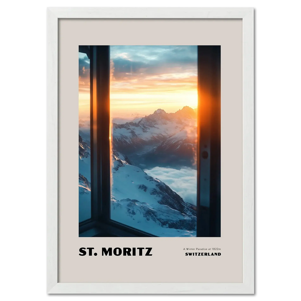 St. Moritz - A Winter Paradise at 1822 - Poster showcasing snowy alpine peaks at sunrise through a window.