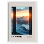 St. Moritz - A Winter Paradise at 1822 - Poster showcasing snowy alpine peaks at sunrise through a window.