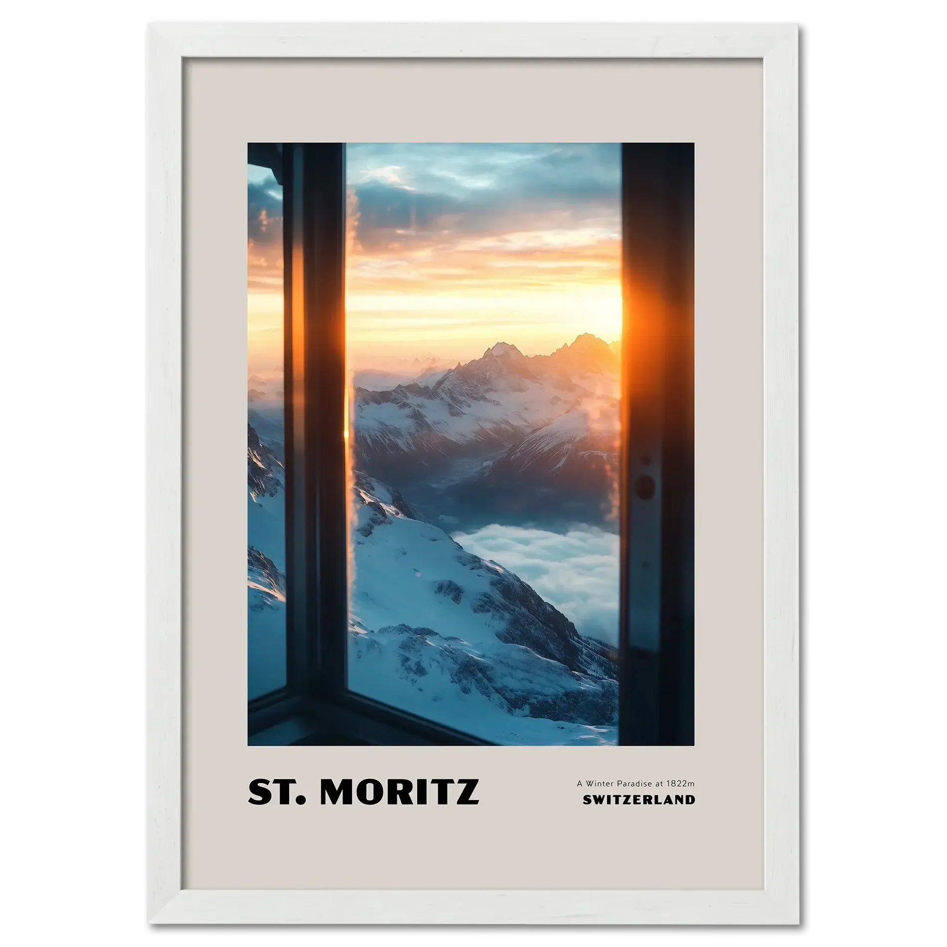 St. Moritz - A Winter Paradise at 1822 - Poster showcasing snowy alpine peaks at sunrise through a window.