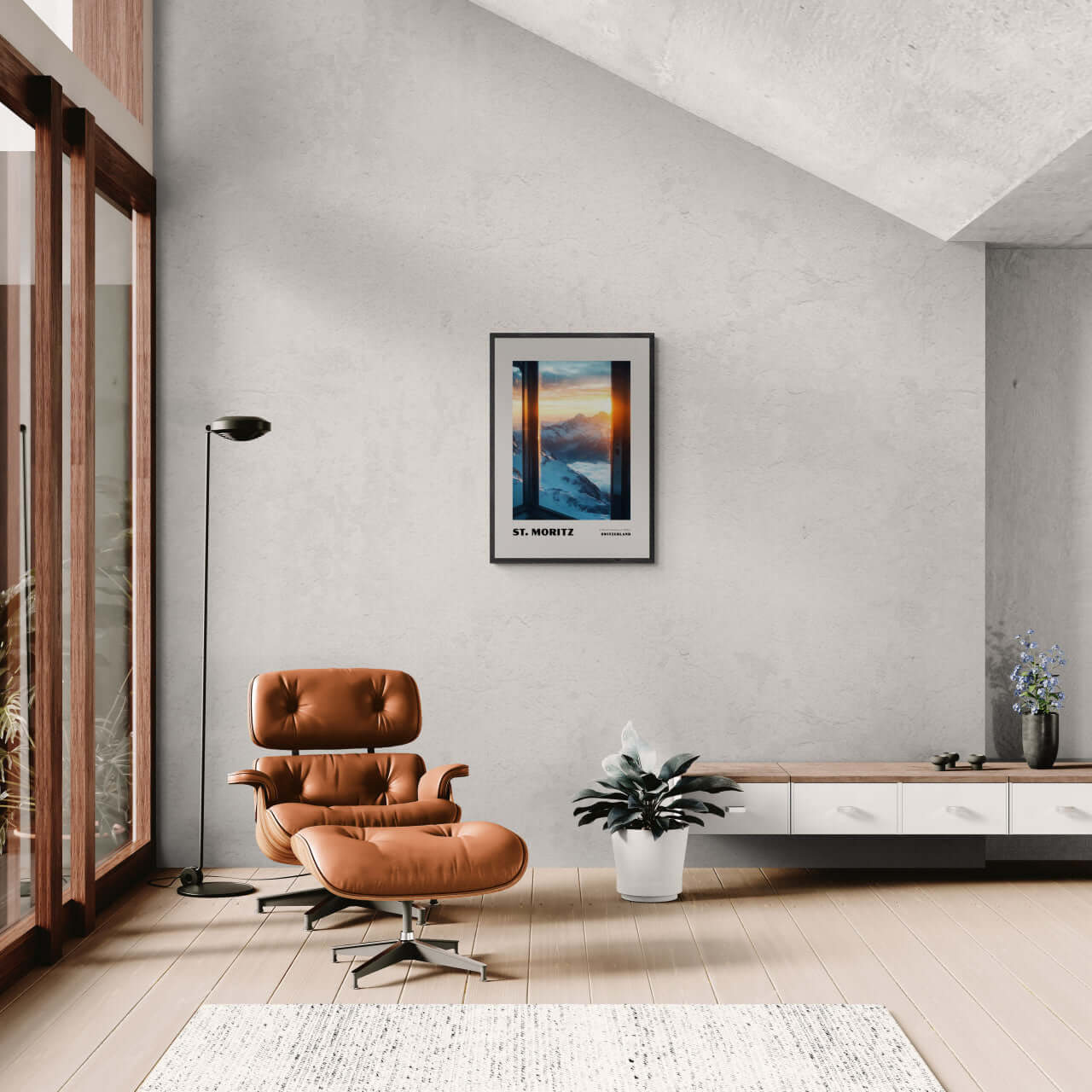 St. Moritz - A Winter Paradise at 1822 - Poster displayed in a modern living room with brown chair.