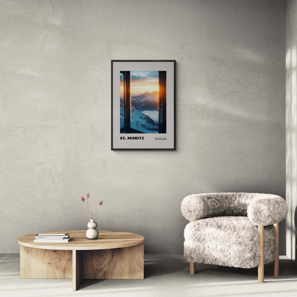 St. Moritz - A Winter Paradise at 1822 - Poster displayed in a modern minimalist interior setting.