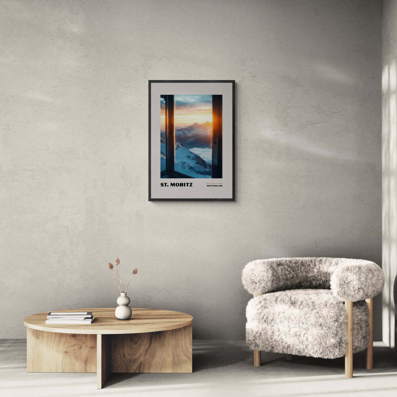 St. Moritz - A Winter Paradise at 1822 - Poster displayed in a modern minimalist interior setting.