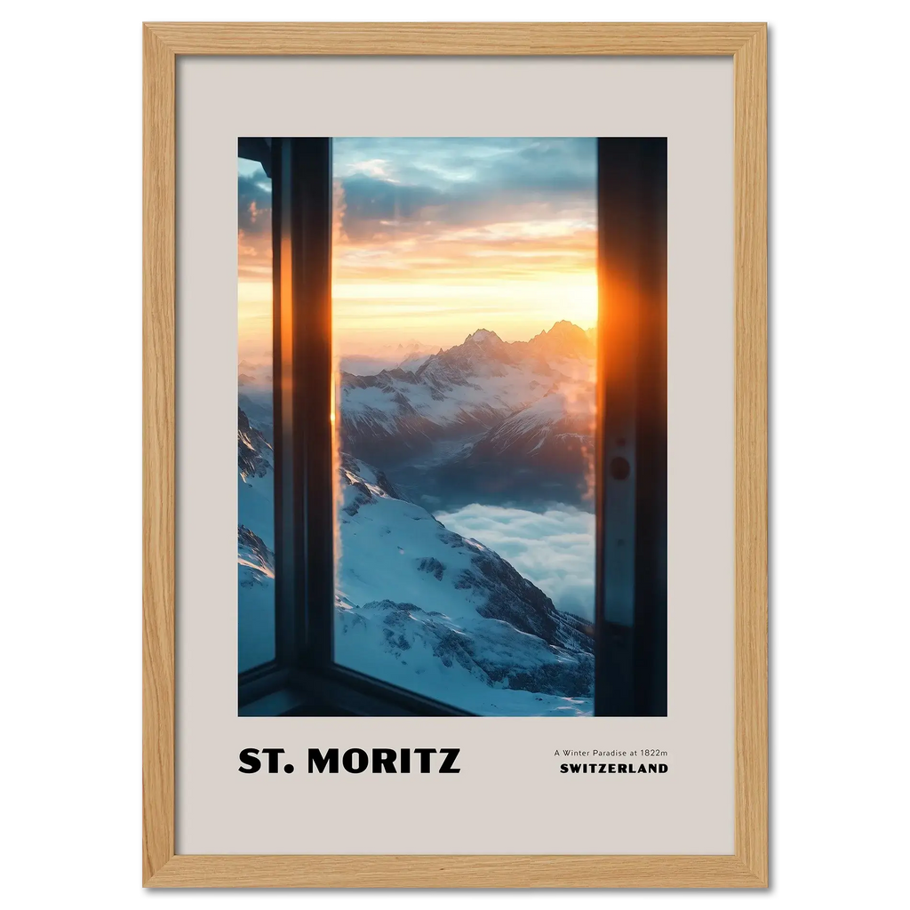 St. Moritz - A Winter Paradise at 1822 - Poster featuring snowy alpine peaks at sunrise.