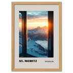 St. Moritz - A Winter Paradise at 1822 - Poster featuring snowy alpine peaks at sunrise.