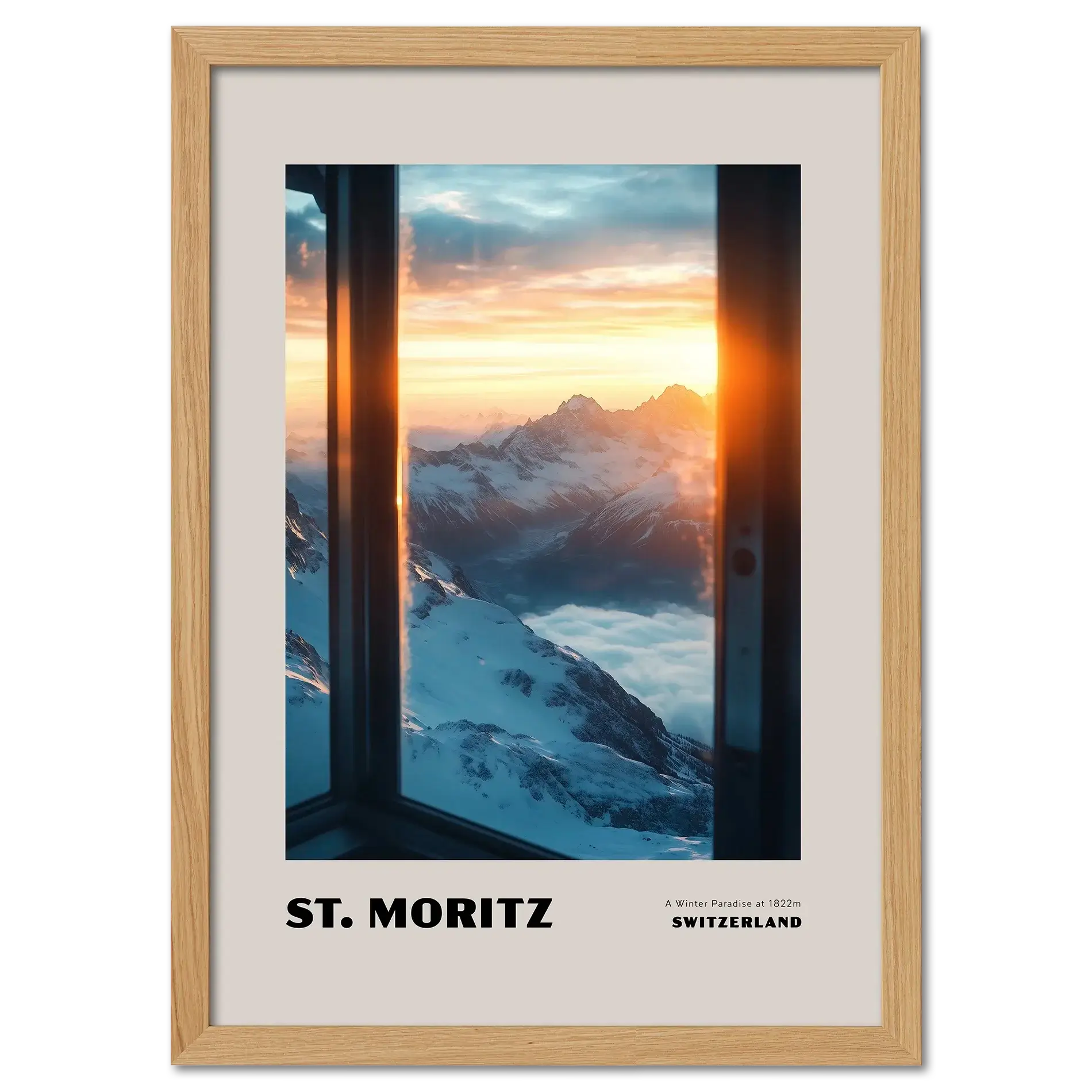 St. Moritz - A Winter Paradise at 1822 - Poster featuring snowy alpine peaks at sunrise.