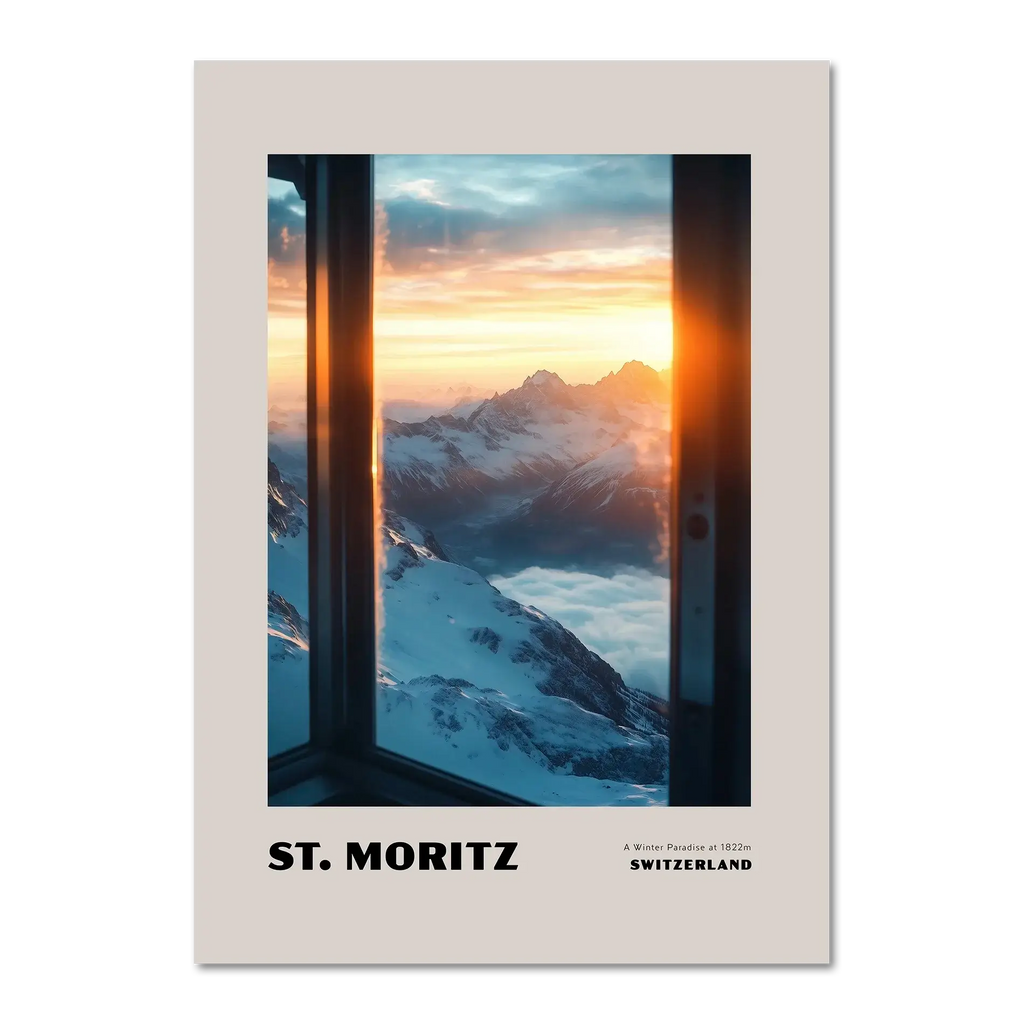 St. Moritz - A Winter Paradise at 1822 - Poster, showing snowy peaks and sunrise through a window.