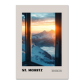 St. Moritz - A Winter Paradise at 1822 - Poster, showing snowy peaks and sunrise through a window.