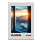 St. Moritz - A Winter Paradise at 1822 - Poster, showing snowy peaks and sunrise through a window.