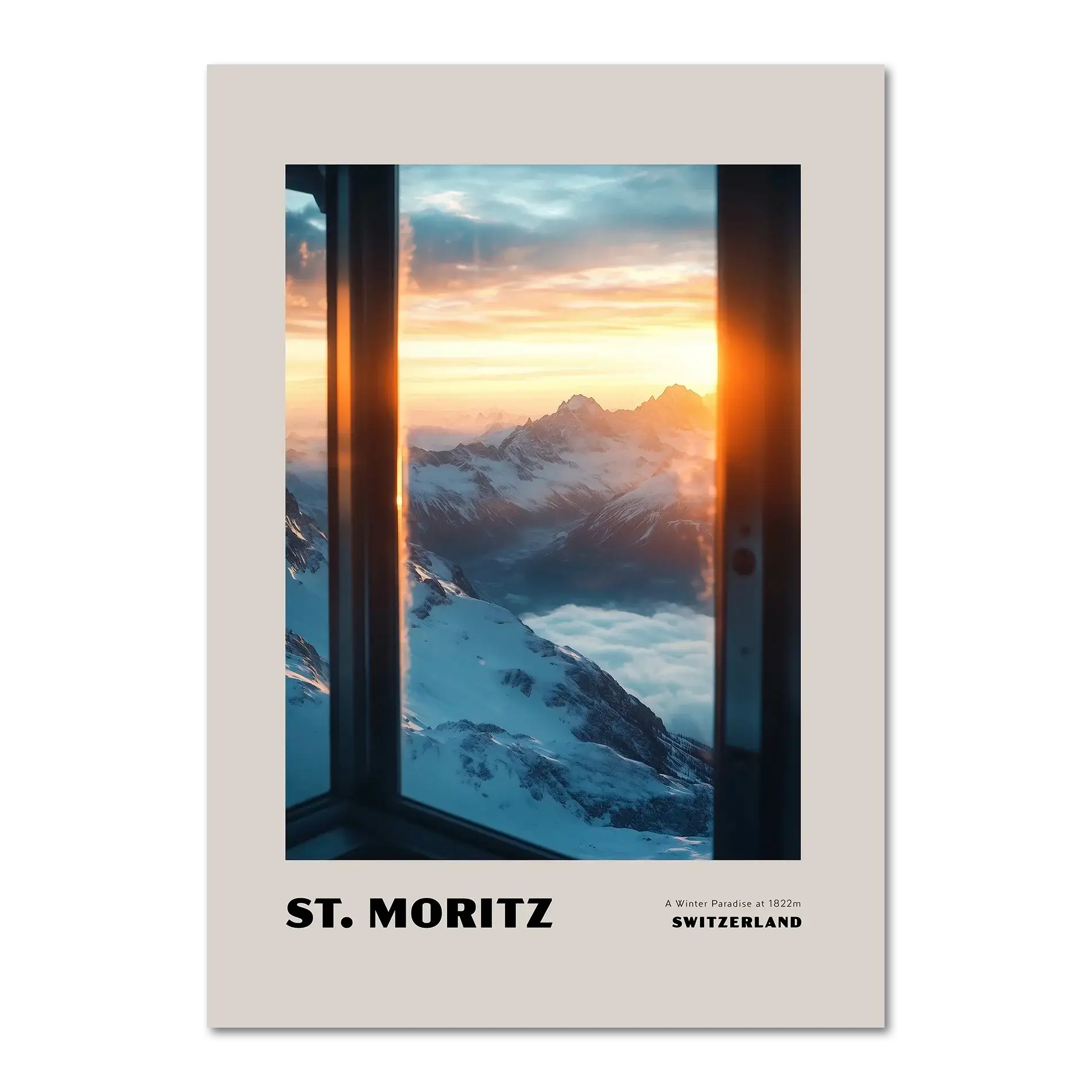 St. Moritz - A Winter Paradise at 1822 - Poster, showing snowy peaks and sunrise through a window.