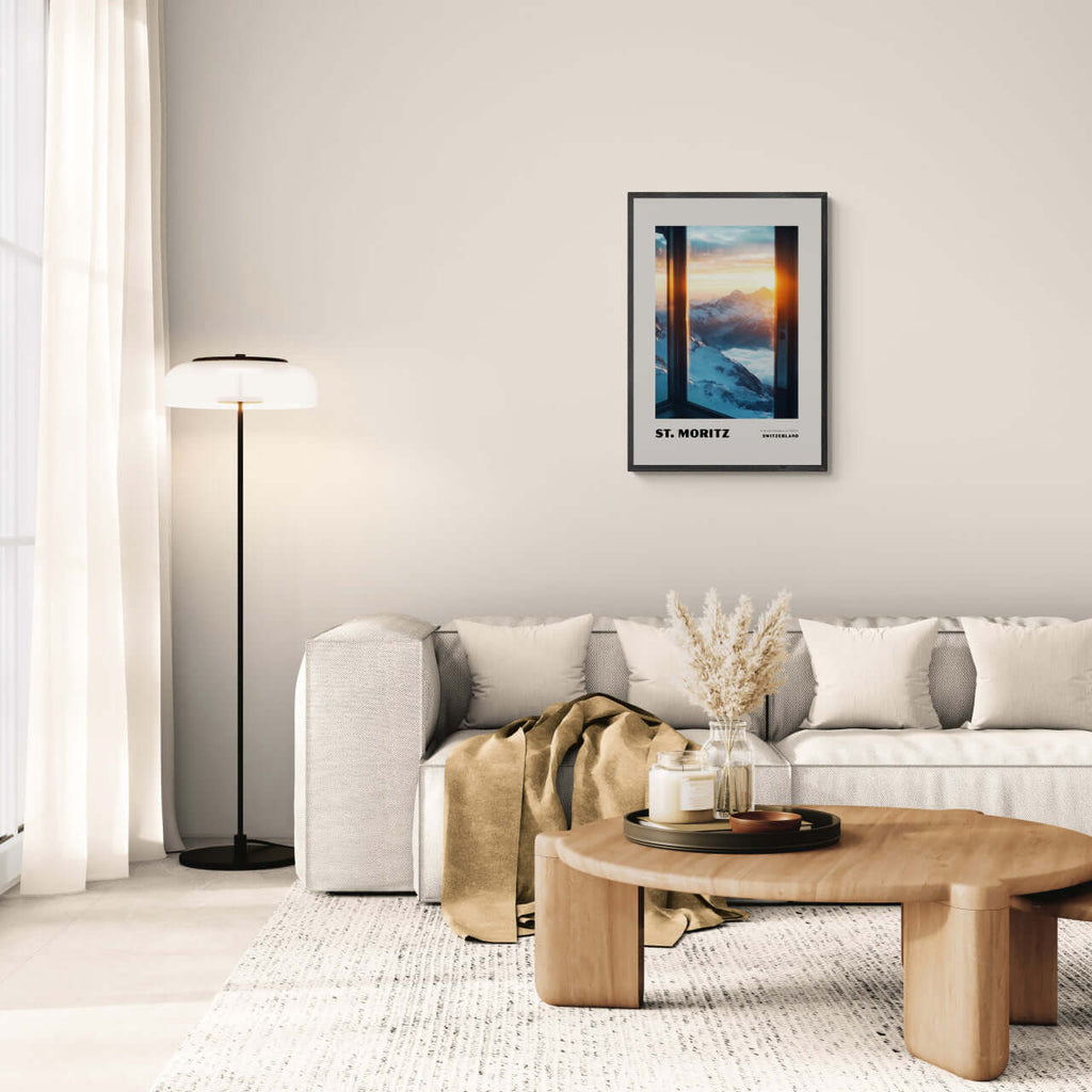 St. Moritz - A Winter Paradise at 1822 - Poster displayed in a modern living room with soft lighting and elegant decor.