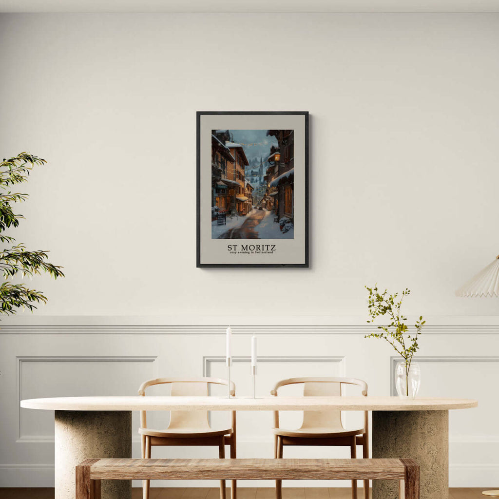 St. Moritz - Poster artwork displaying a winter street scene, perfect for modern interiors and wall art.