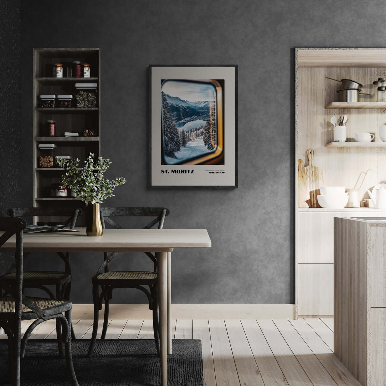 St. Moritz - The Birthplace of Winter Tourism - Poster displayed in a modern kitchen and dining area.